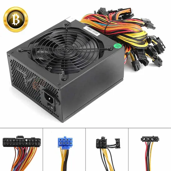 ATX 1600W Power Supply for 6 GPU Rig Ethereum Bitcoin Mining 80 Plus Gold 140mm Cooling Fan with 150cm Us Plug Adapter Cable 